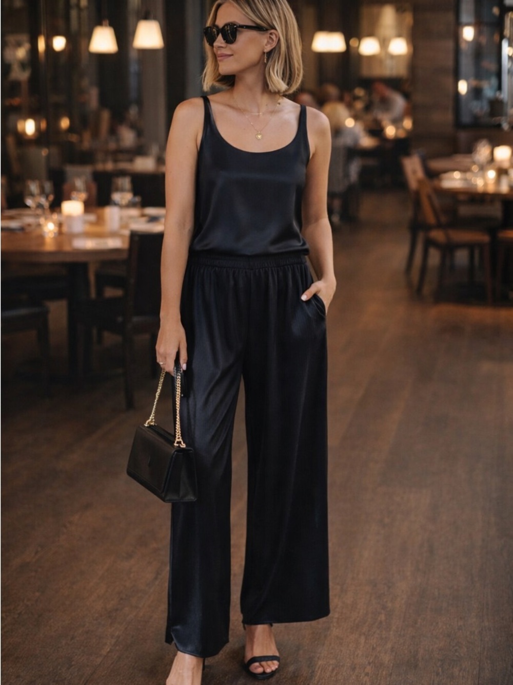 RO&DE Pleated Wide Leg Pants Black Satin Sheen Elastic Waist Minimalist Large